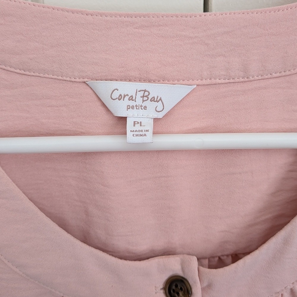 Coral Bay Women's Petite Pink Henley Button Blouse 3/4 Puff Sleeve Top Size PL - Picture 3 of 9